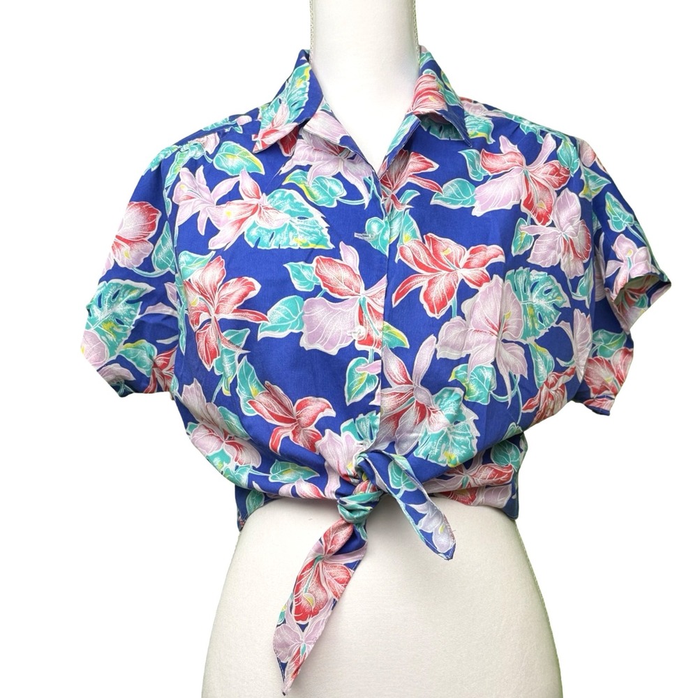 Vintage Howie Hawaiian Floral Crop Tie Front Shirt Womens Medium Made in Hawaii